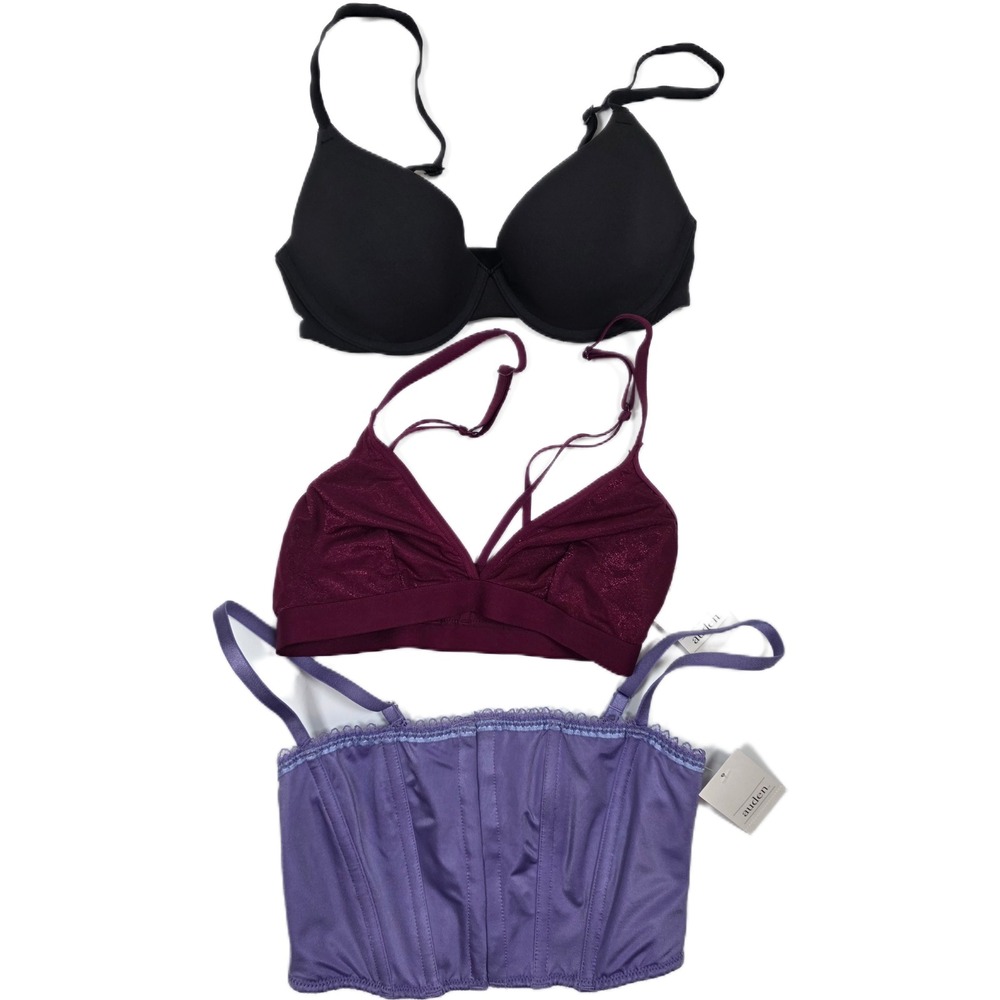 Auden/Skims Bundle XS/32B Black T-Shirt Bra Burgundy Bralette Lavender Corset